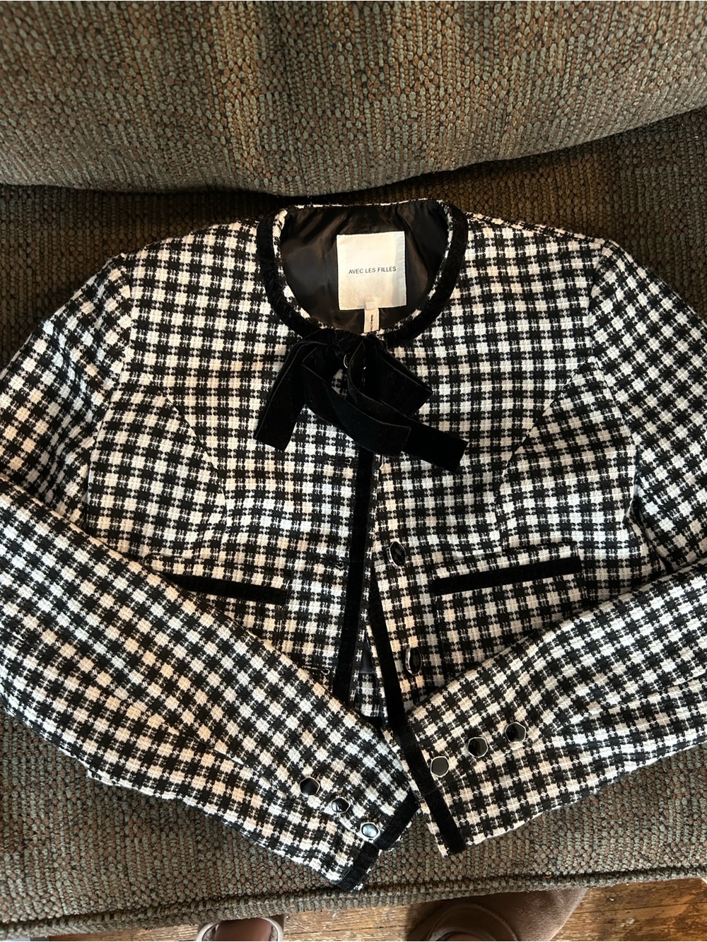 Avec Les Filles Black and White Tweed Jacket with Velvet Bow - Picture 1 of 2